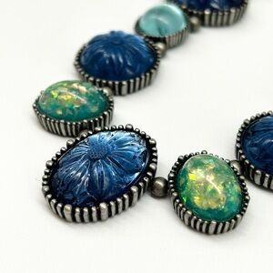 ✨ Vintage Nina Ricci Statement Necklace – Blue Green Carved Glass Beads 17-19” ✨